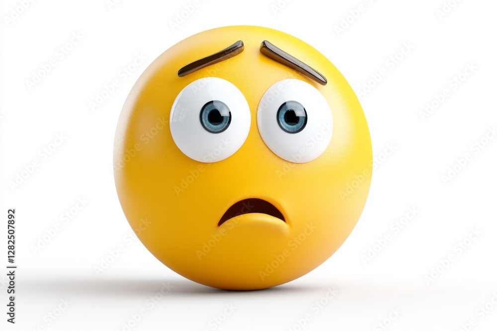 Fototapeta premium Worried 3D Emoji Face with Furrowed Eyebrows, Concerned Expression, Isolated on White