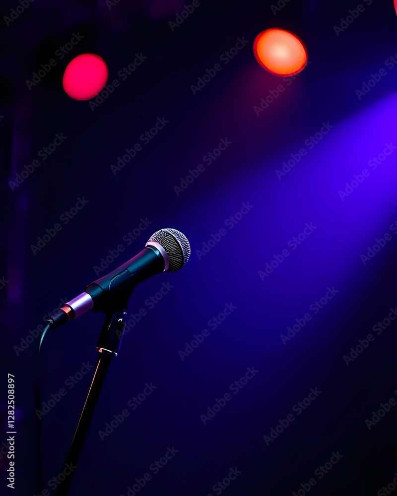 Obraz premium image d'un micro pour chanter ou faire des discours et à l'arrière il y a des spots lumineux et colorés, 