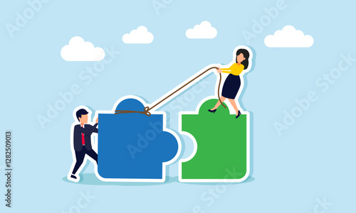 A businessman collaborates with a businesswoman to match puzzle pieces perfectly, illustration of teamwork and business partnership collaboration to achieve shared goals