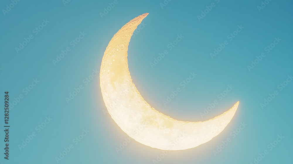 A serene crescent moon glowing brightly against a soft, solid blue background, symbolizing the start of Ramadan A serene crescent moon glowing brightly against a soft, solid blue background, symbolizing the start of Ramadan