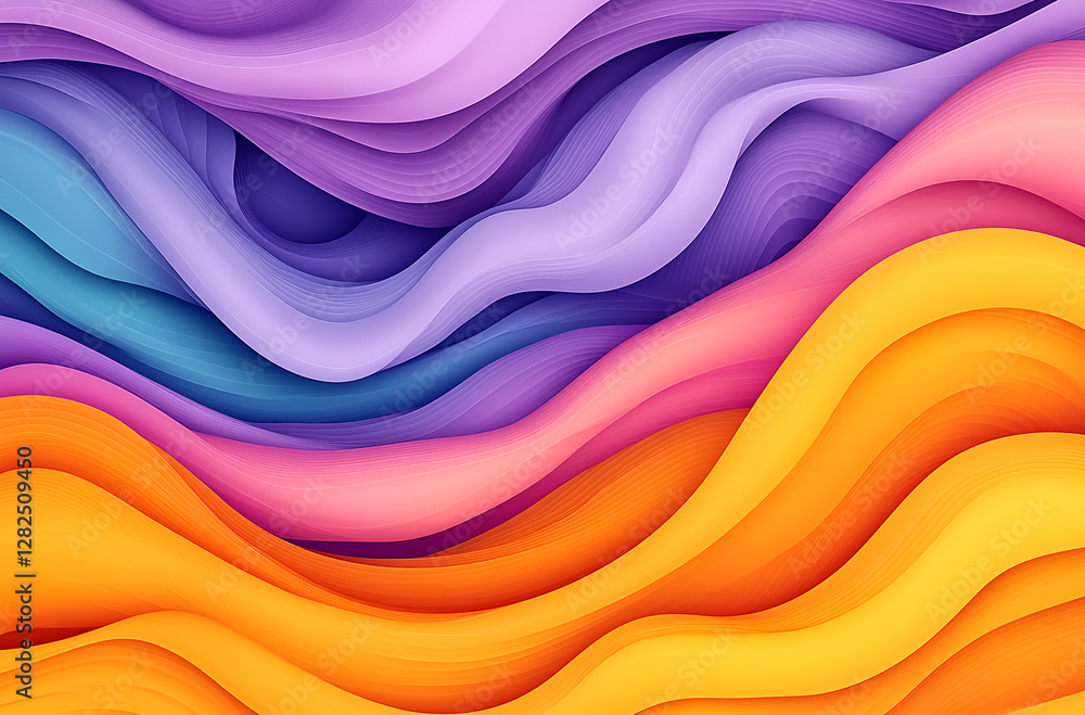 Colorful abstract background with wavy shapes and gradients, featuring a purple, orange, yellow, and blue gradient in a paper-cut style. Colorful abstract background with wavy shapes and gradients, featuring a purple, orange, yellow, and blue gradient in a paper-cut style.
