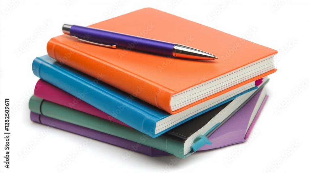 A vibrant stack of colorful notebooks with a purple pen resting on top. Perfect for back to school, organization, or studying. A vibrant stack of colorful notebooks with a purple pen resting on top. Perfect for back to school, organization, or studying.