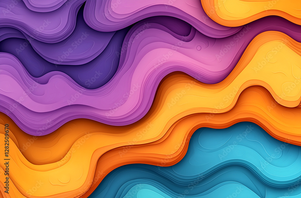Colorful abstract background with wavy paper-cut shapes in purple, orange, and blue colors. Colorful abstract background with wavy paper-cut shapes in purple, orange, and blue colors.