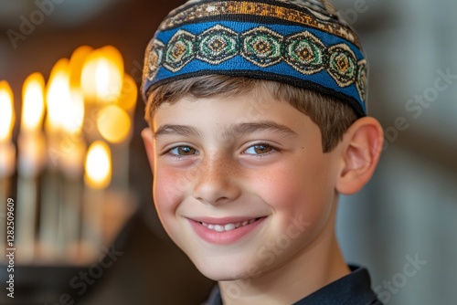 Young boy with a kippah on his head lights a menorah to celebrate hanukkah photo