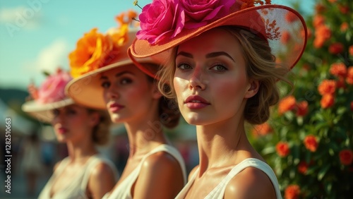Women wearing colorful hats with large flowers, perfect for the Kentucky Derby.