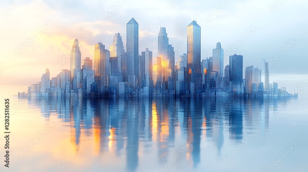 Fototapeta premium Digital futuristic cityscape with water reflections high resolution hd image