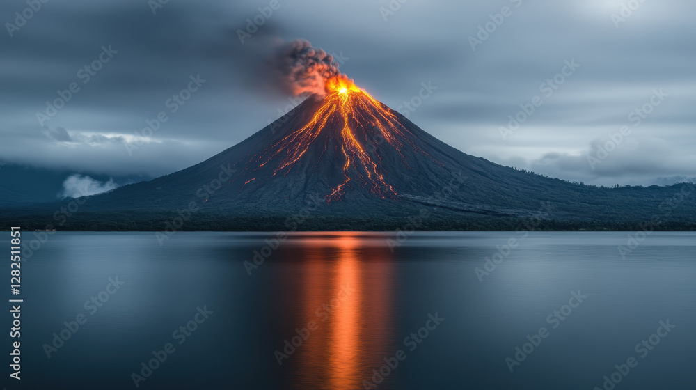 Fototapeta premium Majestic Erupting Volcano with Vibrant Lava Flow at Dusk
