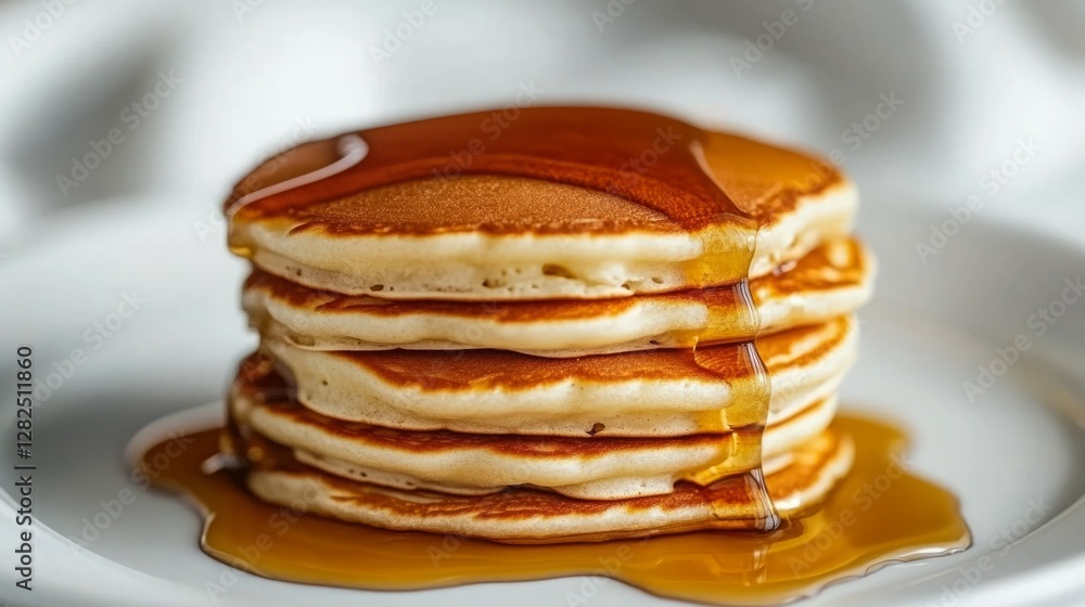 A stack of fluffy pancakes drenched in golden syrup. The perfect breakfast treat! A stack of fluffy pancakes drenched in golden syrup. The perfect breakfast treat!