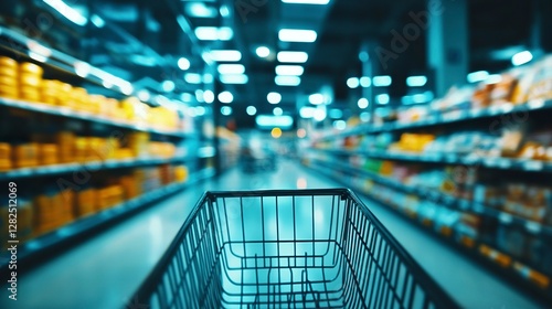 A blurred background of an empty shopping cart in the supermarket, captured from the inside looking out towards shelves with various products.