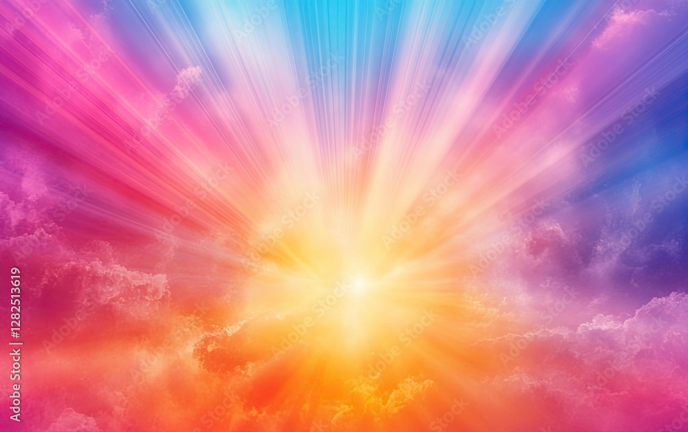 Obraz premium A beautiful sunrise background with colorful rays of light, creating an abstract and magical wallpaper design. The colors include vibrant pinks, purples, blues, oranges, and yellows,