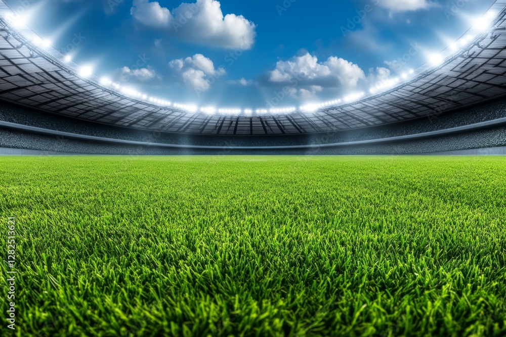 Fototapeta premium universal grass stadium illuminated by spotlights and empty green grass playground, grand sport building digital 3D background advertisement background illustration