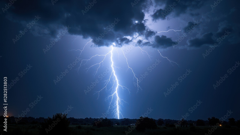 Fototapeta premium A powerful lightning bolt illuminates the night sky, creating a dramatic lighting drawing against dark clouds.