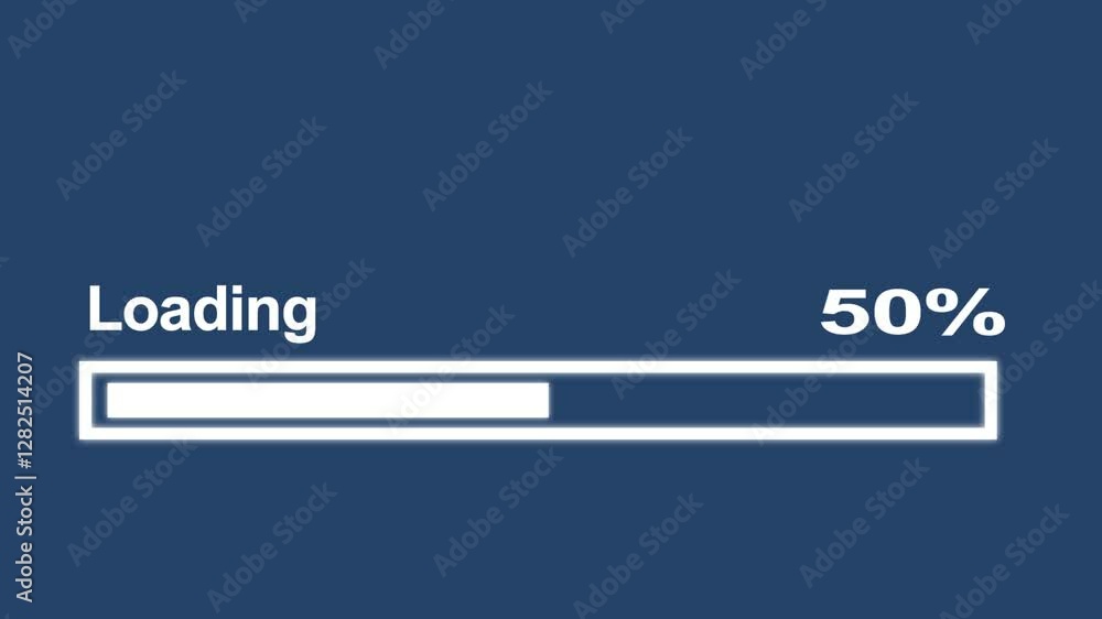White loading bar process animation, loading bar 0-100 on blue background.