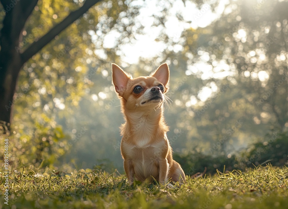 A small, cute Chihuahua dog sitting on the grass in a green park, with golden hour lighting, in a photorealistic style, reminiscent of National Geographic photography. A small, cute Chihuahua dog sitting on the grass in a green park, with golden hour lighting, in a photorealistic style, reminiscent of National Geographic photography.