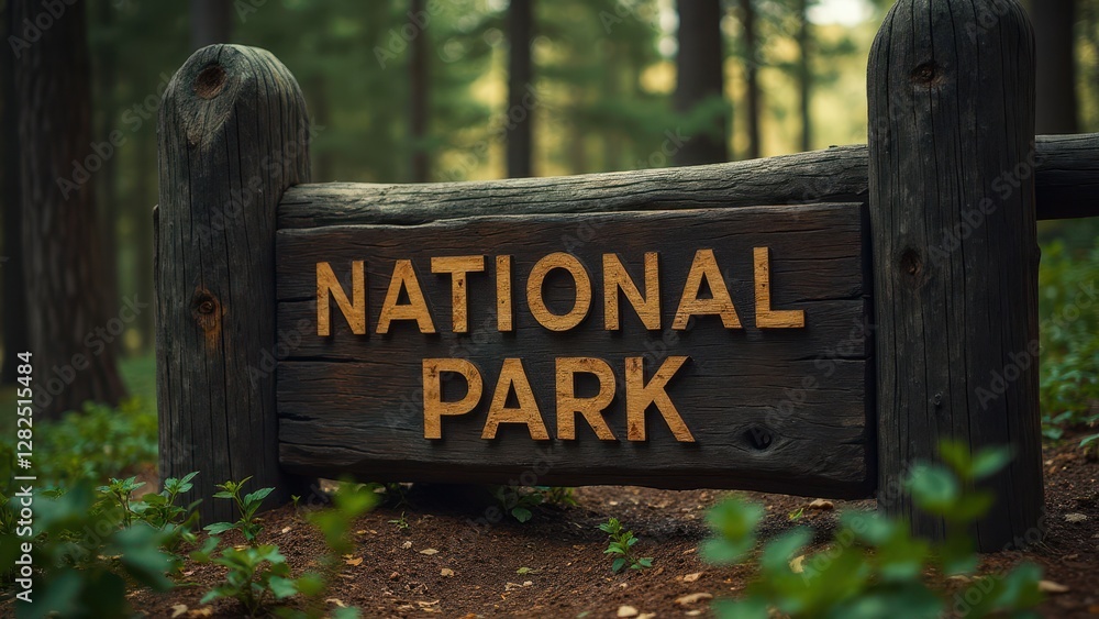 A wooden sign in a forest with the words