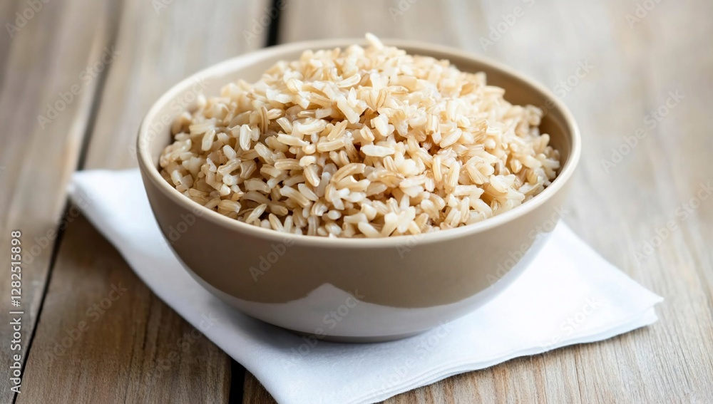 Bowl of brown rice on a wooden table with a cloth napkin nearby Bowl of brown rice on a wooden table with a cloth napkin nearby