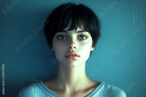 Gorgeous calm mixed-race girl - for ads, ad page ad and social networks use. Commercial ad campaign layout. Short trim - straight hair. Commercial beauty model. Black beauty style look. photo