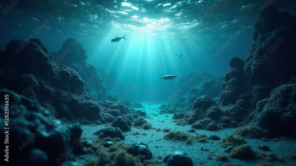 Fototapeta premium A serene ocean depth with sunlight filtering through the water, illuminating the underwater landscape and marine life