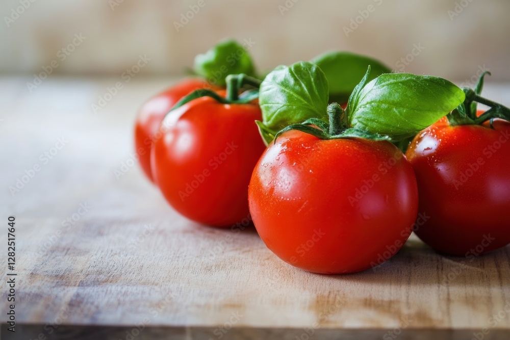 Fresh ripe tomatoes and basil leaves on a wooden cutting board ready for cooking in a bright kitchen. Generative AI Fresh ripe tomatoes and basil leaves on a wooden cutting board ready for cooking in a bright kitchen. Generative AI