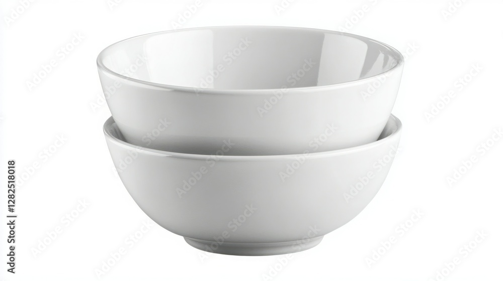 Two pristine white bowls stacked neatly against a stark white background. Simple elegance in kitchenware. Two pristine white bowls stacked neatly against a stark white background. Simple elegance in kitchenware.