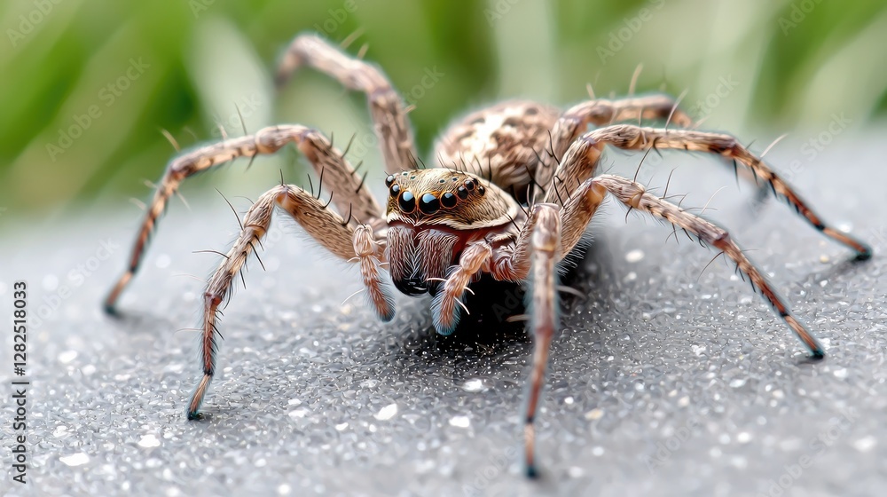 Close-up of a spider on a gray surface. Outdoor setting. Potential use Educational, nature photography Close-up of a spider on a gray surface. Outdoor setting. Potential use Educational, nature photography