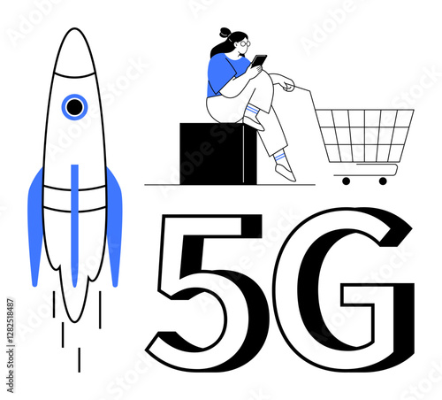 Rocket taking off, person using phone while sitting near shopping cart, large 5G text. Ideal for tech advancements, digital economy, online shopping, communication, fast internet, innovation space