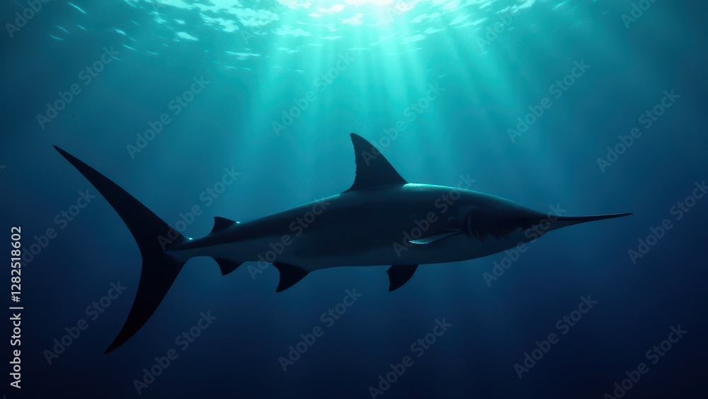 Fototapeta premium A majestic pez espada swims gracefully in the deep blue ocean, illuminated by rays of sunlight filtering through the water.