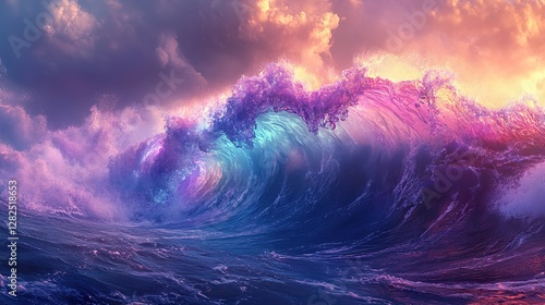 Huge ocean wave cresting with colorful splashes of light