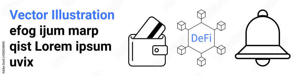 Digital wallet with cards, decentralized finance DeFi network with hexagons, notification bell beside sample text. Ideal for fintech, cryptocurrency, finance apps, payment solutions, alerts Digital wallet with cards, decentralized finance DeFi network with hexagons, notification bell beside sample text. Ideal for fintech, cryptocurrency, finance apps, payment solutions, alerts