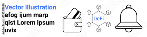 Digital wallet with cards, decentralized finance DeFi network with hexagons, notification bell beside sample text. Ideal for fintech, cryptocurrency, finance apps, payment solutions, alerts