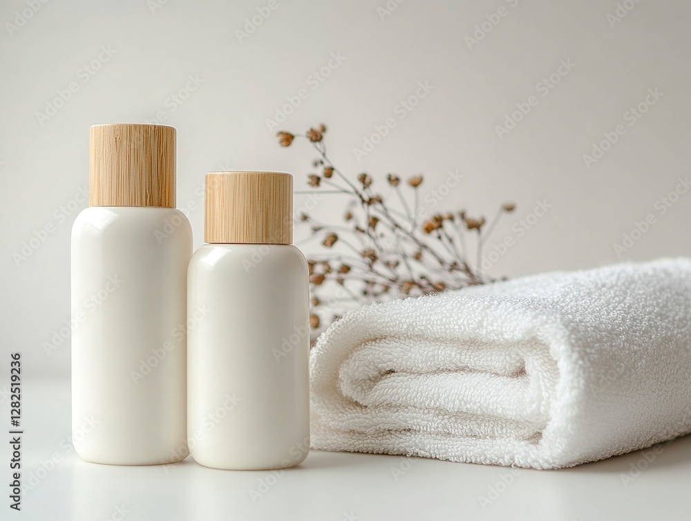 A white shampoo, body wash, and hand cream bottle with wooden caps are placed on the table next to each other. A beige towel is folded behind them. The background color of the photo is light gray. A white shampoo, body wash, and hand cream bottle with wooden caps are placed on the table next to each other. A beige towel is folded behind them. The background color of the photo is light gray.