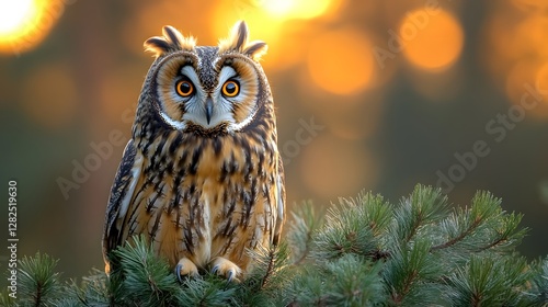 Majestic owl perched on a pine branch during sunset, surrounded by a blurred forest background