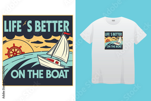 Action Cruise Ship T-Shirt Design with Green Vintage Sunset Vector