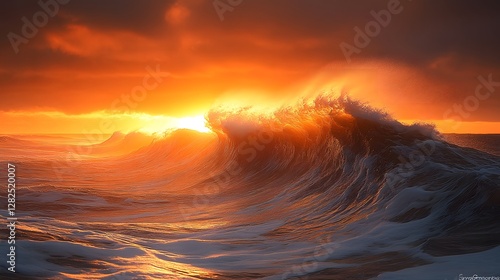 Majestic sunset over ocean waves crashing against the shore, creating a vibrant display of colors