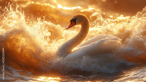 Majestic swan gracefully navigating turbulent golden waves during sunset, showcasing nature's beauty