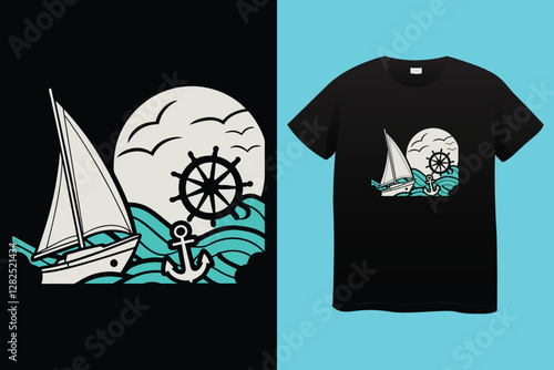 Action Cruise Ship T-Shirt Design with Green Vintage Sunset Vector