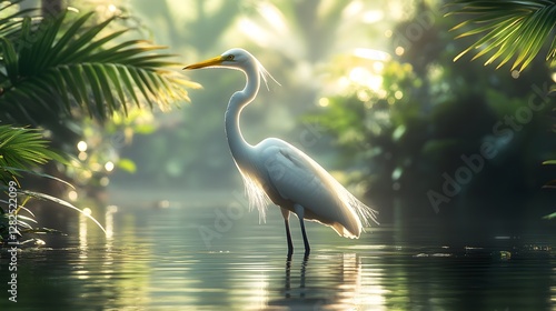 Majestic white heron standing gracefully in a serene tropical wetland surrounded by lush greenery