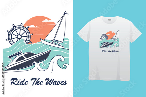 Action Cruise Ship T-Shirt Design with Green Vintage Sunset Vector