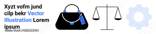 Handbag with blue tags, balanced scale symbolizing justice, and gear indicating industrial concepts. Ideal for fashion, law, industry, ecommerce, balance, consumerism flat landing page banner