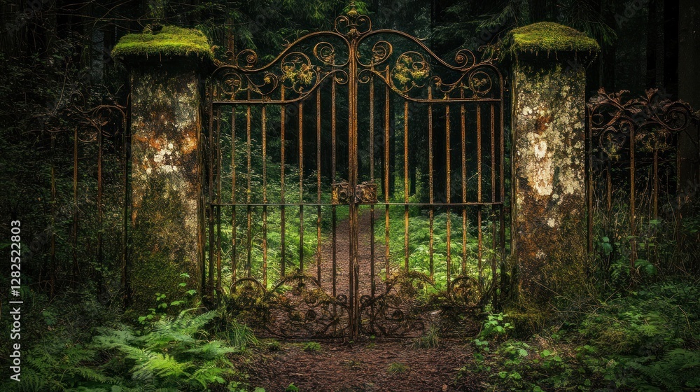 Enigmatic Rusty Gate in a Mysterious Forest Enigmatic Rusty Gate in a Mysterious Forest