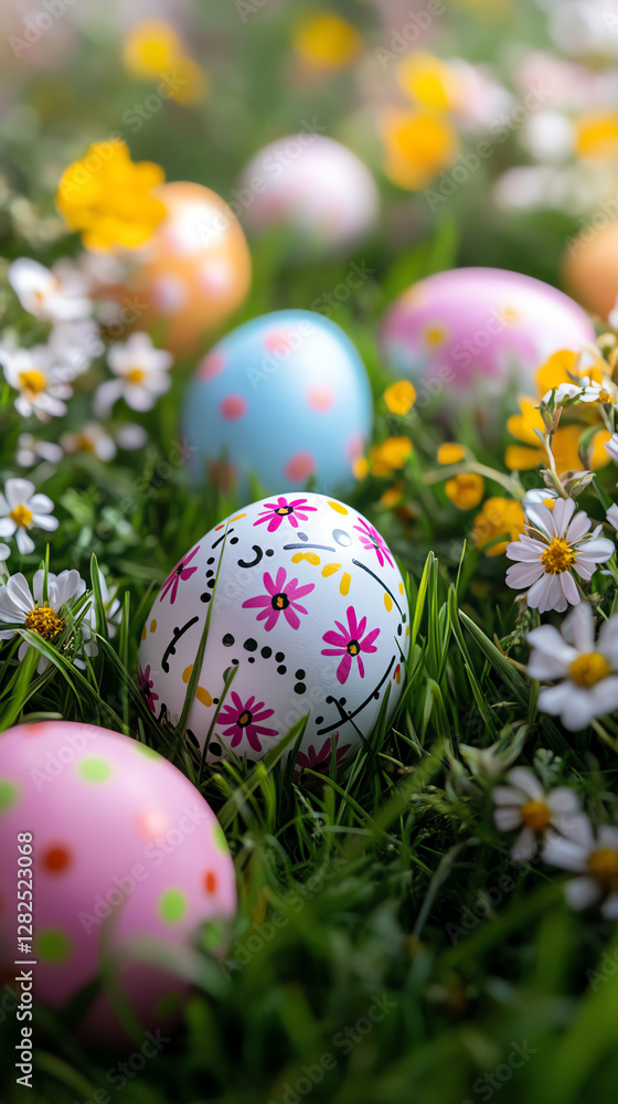 Colorful Easter eggs surrounded by vibrant flowers in a lush green field, celebrating spring and holiday traditions. Colorful Easter eggs surrounded by vibrant flowers in a lush green field, celebrating spring and holiday traditions.