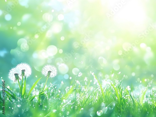 Vibrant dandelion flowers blooming in a lush green meadow with a soft bokeh backdrop, embodying the essence of spring nature. Premium quality, sharp focus, high-resolution imagery.