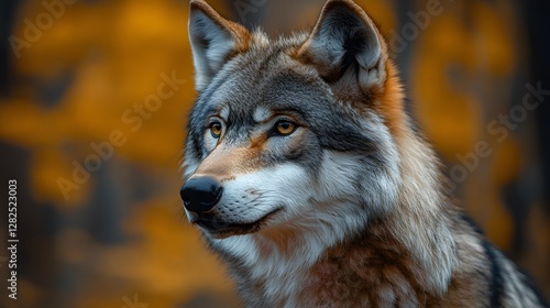 Majestic wolf gazing thoughtfully in a vibrant autumn forest, capturing nature's beauty