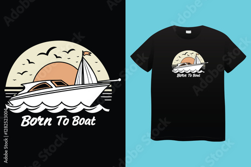 Action Cruise Ship T-Shirt Design with Green Vintage Sunset Vector
