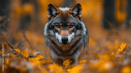 Majestic wolf prowling through a vibrant autumn forest, surrounded by colorful fallen leaves