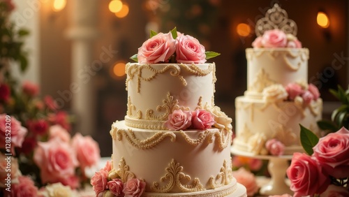 Elegant quinceanera cakes adorned with pink roses and intricate gold detailing.
