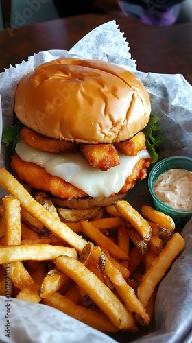 A crispy fish burger with melted provolone, tartar sauce, and a side of beer-battered fries. photo