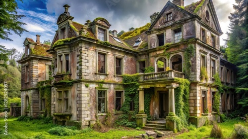 Dilapidated mansion with broken windows and crumbling facade