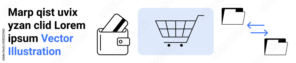Wallet with credit cards next to shopping cart and file transfer icons symbolize online shopping, financial transactions, and data management. Ideal for eCommerce, fintech, digital wallets, online Wallet with credit cards next to shopping cart and file transfer icons symbolize online shopping, financial transactions, and data management. Ideal for eCommerce, fintech, digital wallets, online