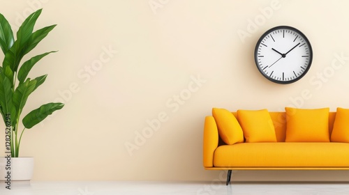 Bright Yellow Couch with Clock and Plant in Modern Living Room
